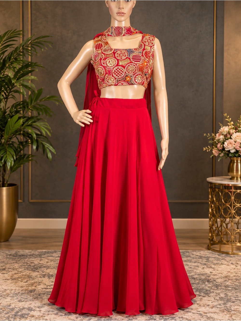 Red Flared Skirt with Embroidered Crop Top,Size - M (38”)